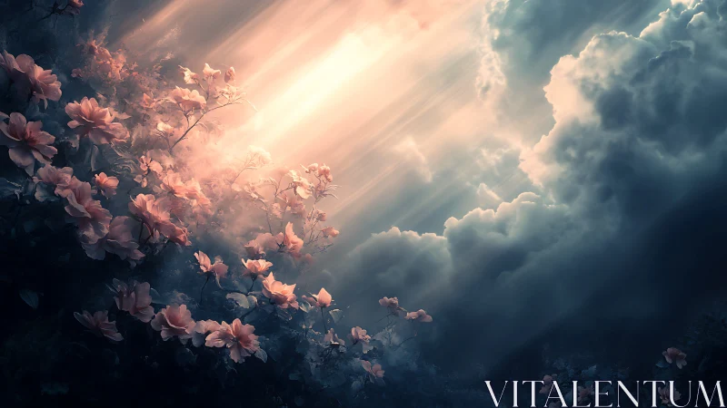 Soft light over pink blossoms and dramatic storm clouds.