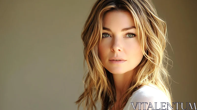 Softly lit blonde woman gazes forward in serene portrait.