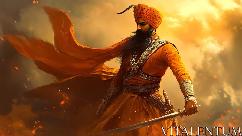 Warrior in saffron robes with sword amid blazing sky.