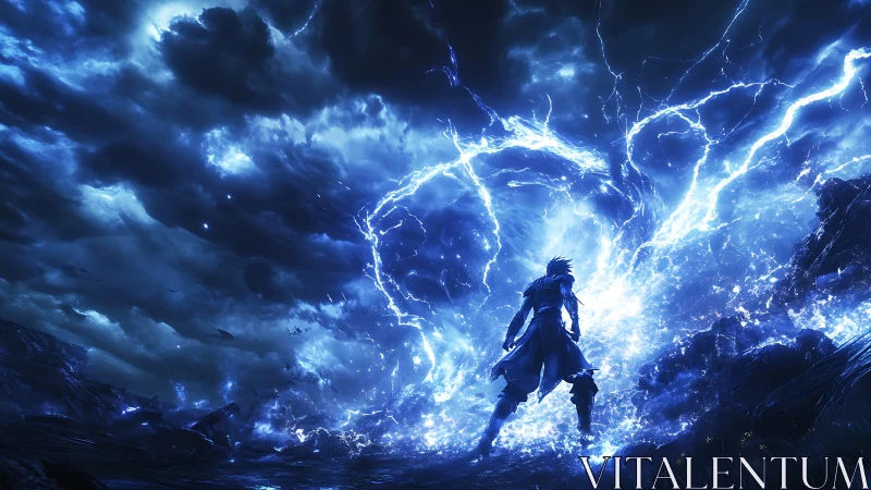 Lone warrior stands before massive blue lightning vortex