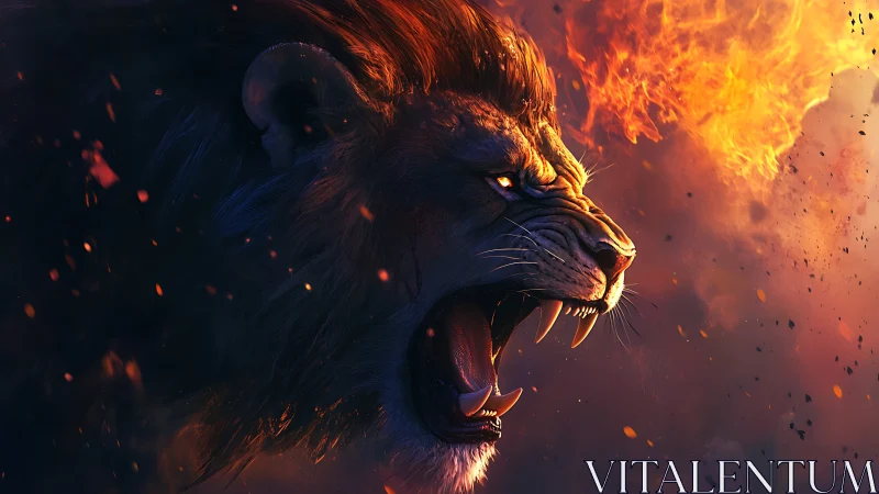 Roaring lion head rendered against intense surrounding flames