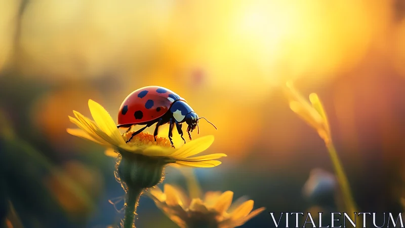 Ladybug on yellow flower in warm sunset backlight.