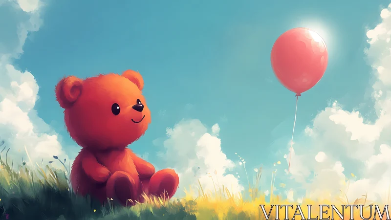 Teddy bear on grassy hill watching single red balloon.