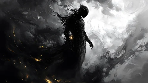Shadow wraith emerges through swirling monochrome storm.