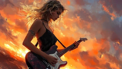 Guitarist silhouette against vivid sunset sky background.