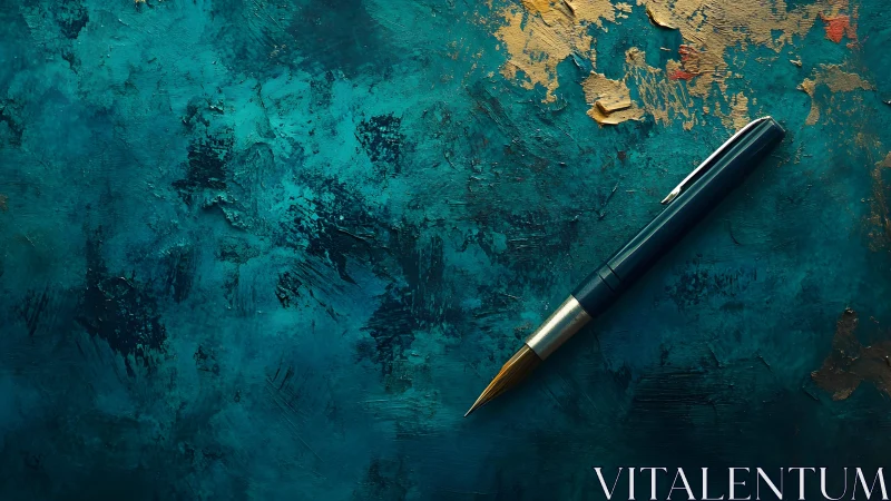 Elegant fountain pen on textured teal and gold artistic background.