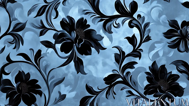 Midnight blue floral swirls on a softly painted sky.