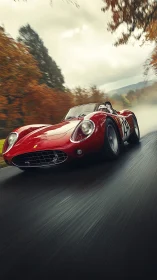 Vintage red race roadster cornering through misty autumn forest