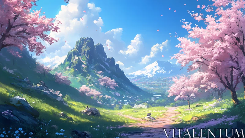 Blossom-wreathed valley trail beneath emerald dreaming peaks.