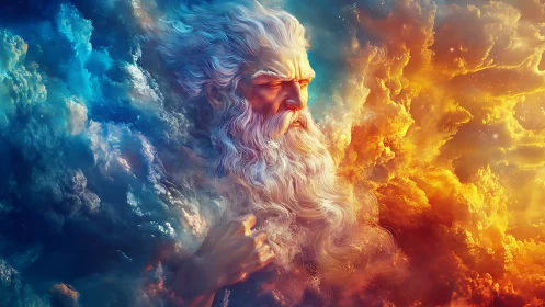 Mythic bearded deity portrait in swirling cosmic clouds.