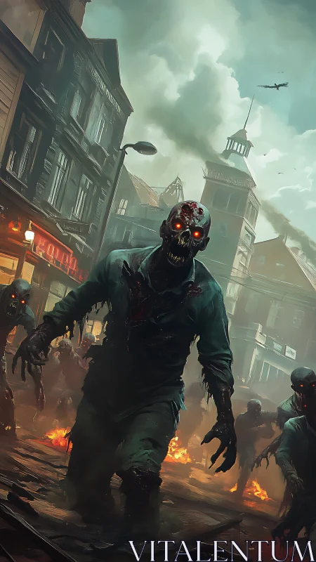 Advancing zombie horde storms burning city street at dusk