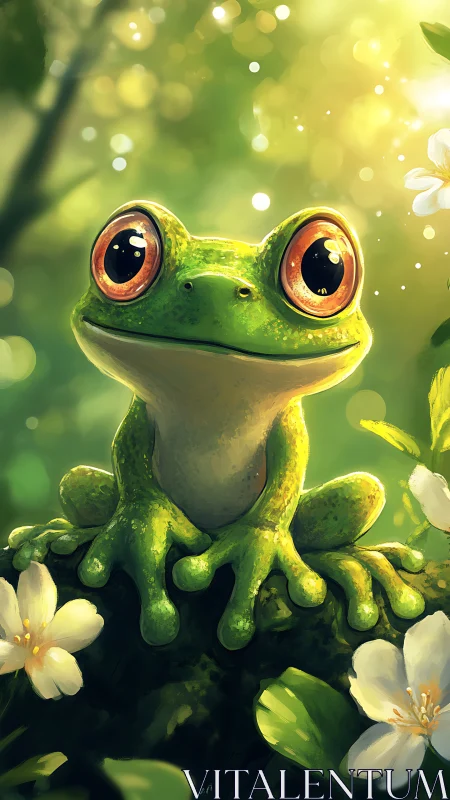 Sunlit forest frog with bright curious eyes resting peacefully.