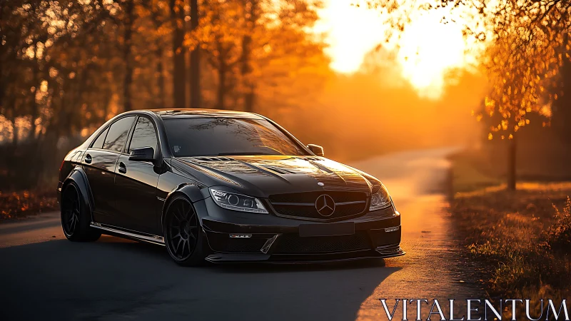 Midnight-black Mercedes hunts dusk along a golden lane.