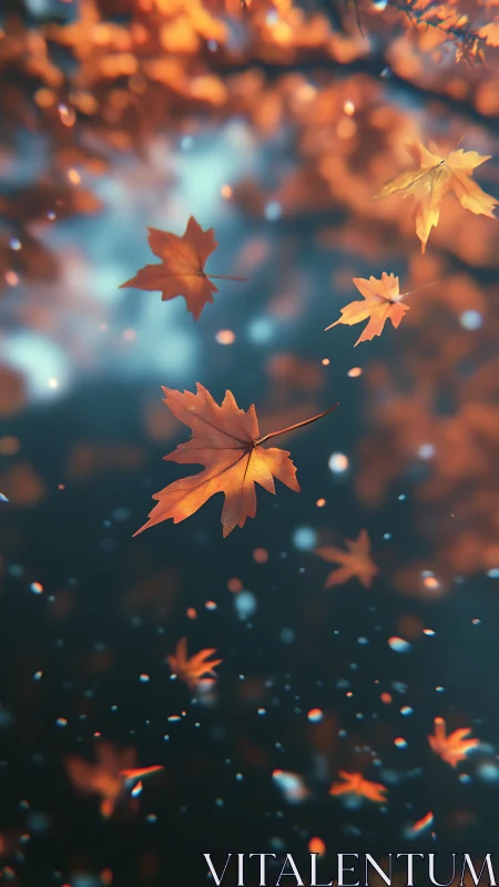 Autumn maple leaves drift through soft glowing bokeh light.