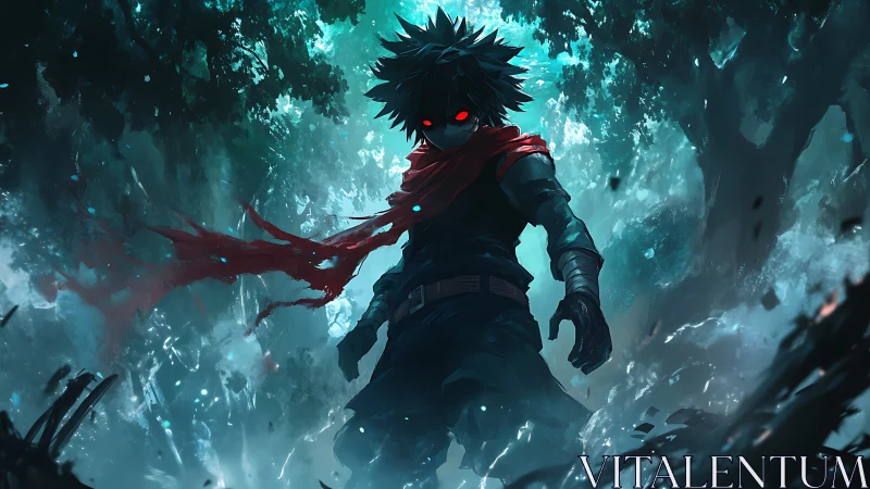 Nocturnal forest revenant with red-luminescent ocular flare.