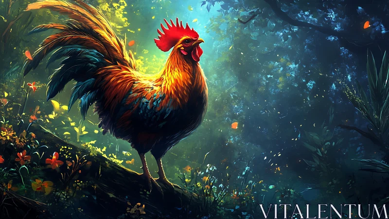 Radiant Rooster in Luminescent Garden Environment with Dynamic Color Palette.