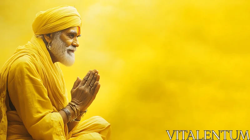 Golden-robed elder in sunlit prayer against saffron hush.