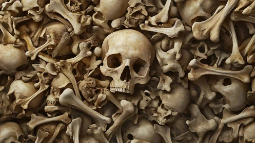 Dense arrangement of human skulls and bones in close view.