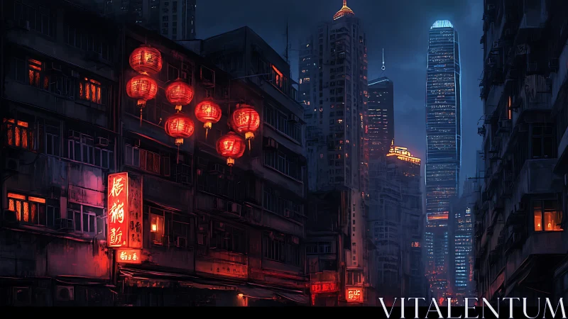 Neon lantern alley under futuristic city skyline at night.
