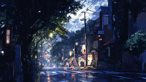 Rainy urban street scene shows wet road and lit storefronts