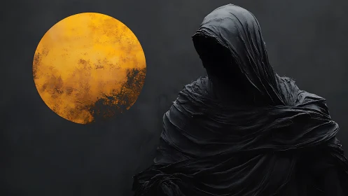Shrouded hooded figure in tattered black before corroded sun