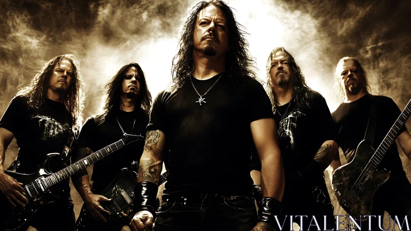 Metal band members stand in staged studio lighting formation