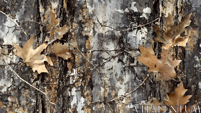 Dry maple leaves on weathered tree bark with branching vines.