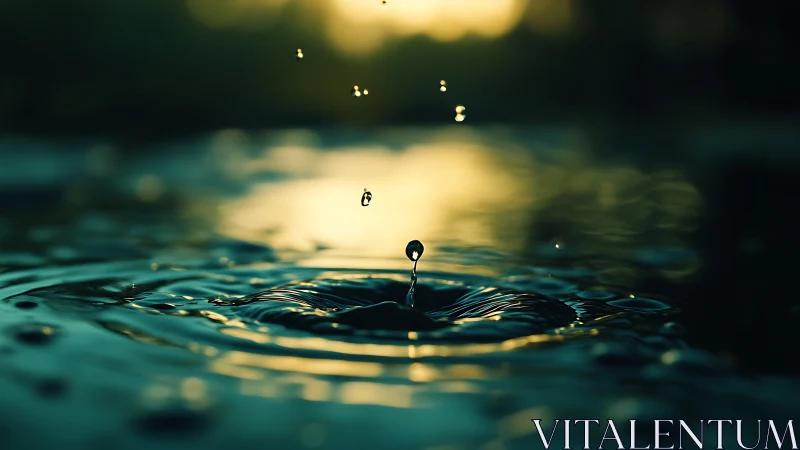 Solitary water droplet rises from ripple under sunset glow