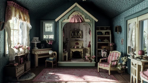 Cozy dollhouse-style attic room glows with soft vintage charm