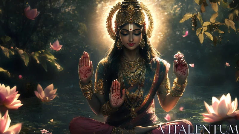 Golden crowned deity meditates in lotus-filled water garden