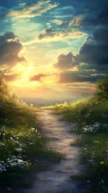 Sunlit dirt path through wildflower meadow at sunset.