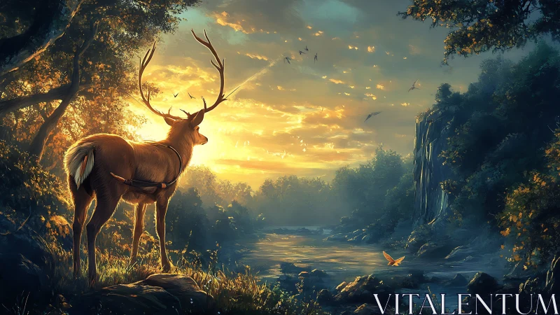 Majestic stag at sunrise in enchanted forest, digital fantasy art.