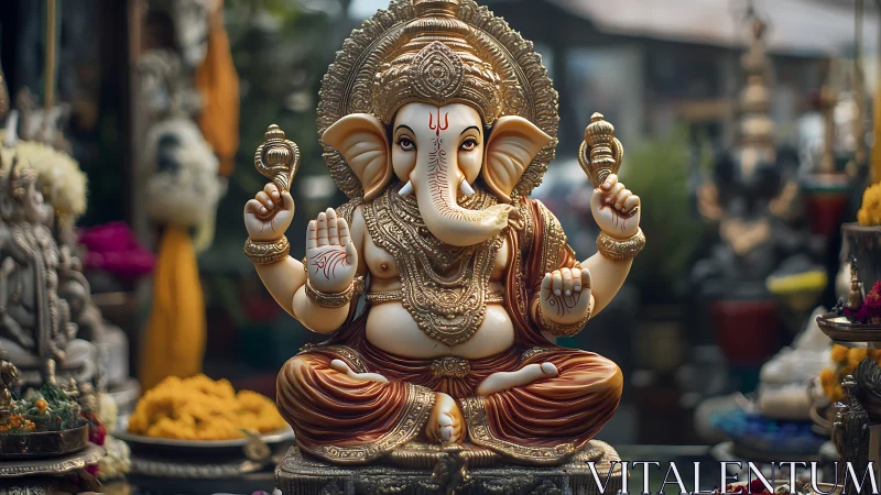 Ganesha statue sits centered in ornate outdoor market scene