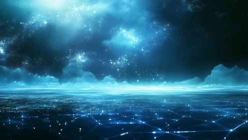 Networked digital seascape under luminous star field.