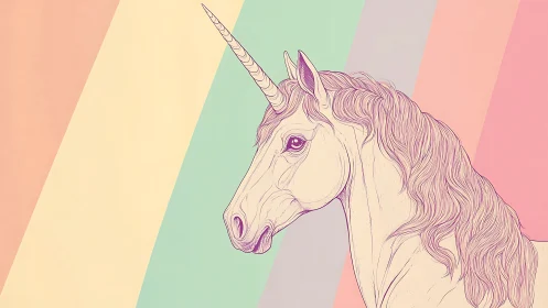 Pastel line-art unicorn over diagonal rainbow stripes.