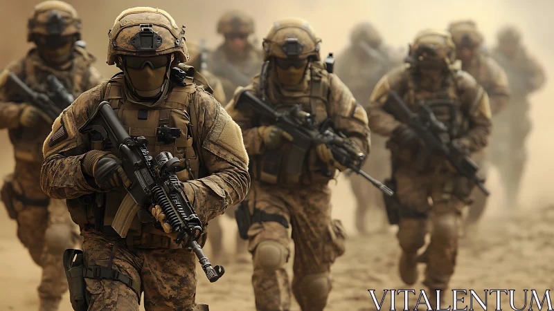 Photorealistic armored infantry squad in desert advance formation.