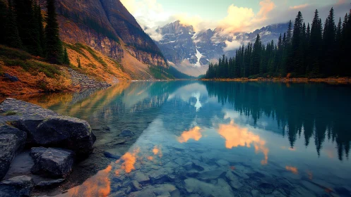 Symmetrical alpine lake reflection under saturated sunset light