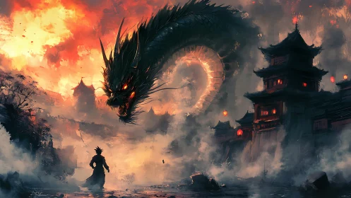 Warrior confronts colossal fire dragon above burning citadel