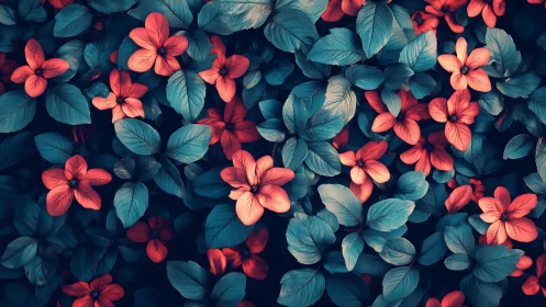 Digital painting of teal foliage and coral florals in tapestry layout.