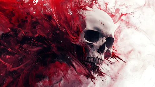 Cracked white skull dissolving into crimson abstract smoke.