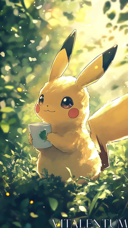 Soft backlit Pikachu illustration in lush forest clearing
