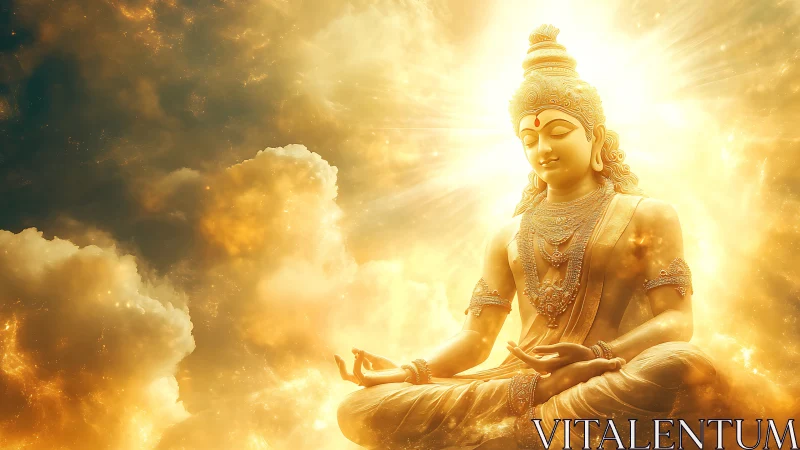Golden meditative deity sits radiant amid luminous clouds