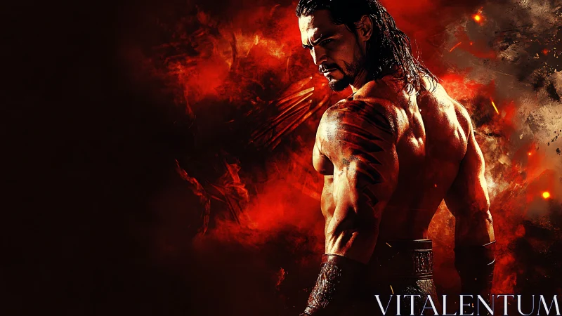 Warrior stands in burning red smoke, muscles glistening.