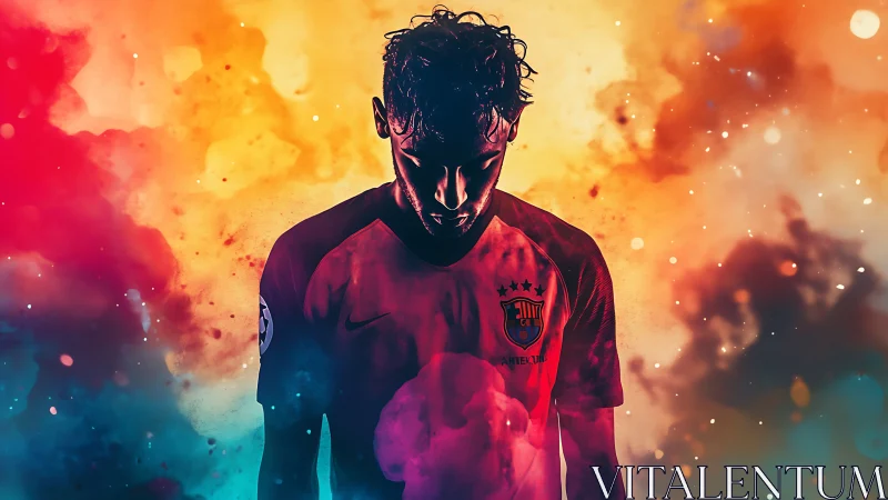 Backlit footballer silhouette in multicolor atmospheric haze