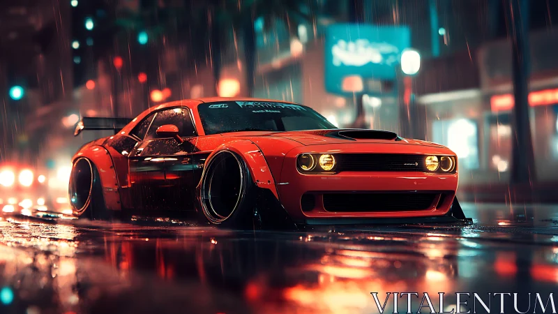 Widebody muscle car under neon rain with cinematic depth of field