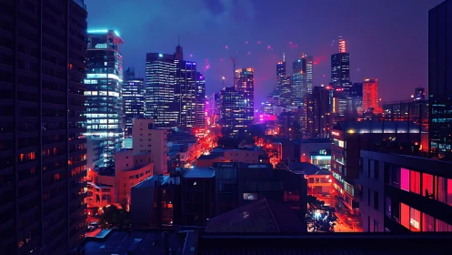 Neon city glow under a dreamy, electric midnight sky.