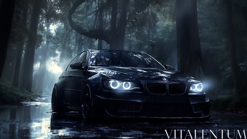 Black sedan with headlights on in wet forest roadway scene.