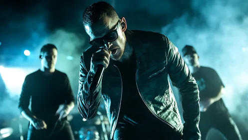 Rock vocalist performing onstage in teal concert lighting.