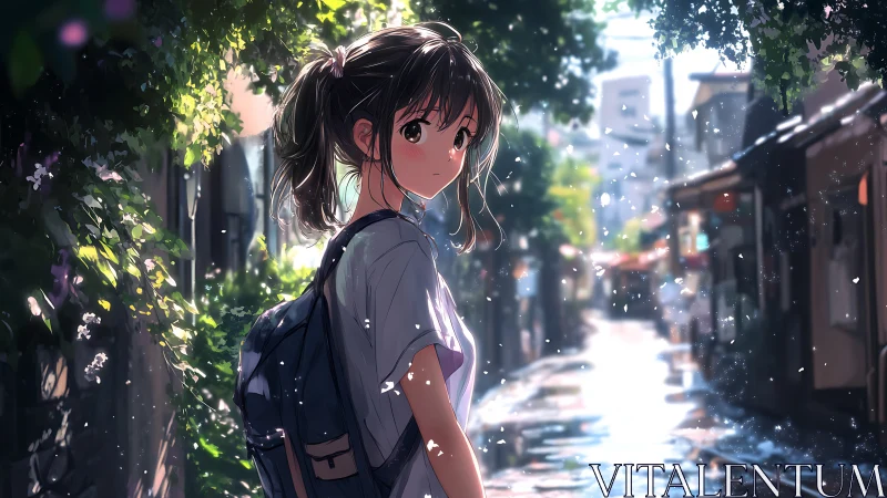 Backlit anime girl in wet alleyway with volumetric bokeh lighting