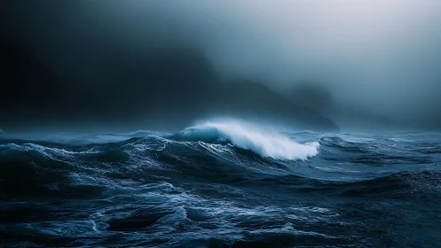 Storm-kissed ocean waves roll under brooding coastal mist